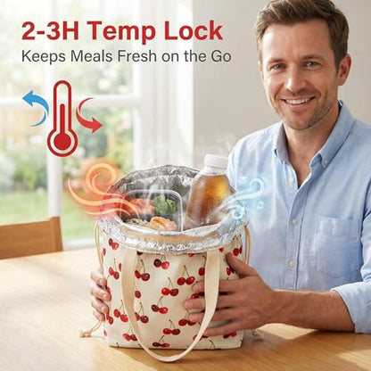 Solid Color & Fruit Print Lunch Bag, Insulated Leakproof Drawstring Pouch with 5mm Anti-Sag Base for Adult Work Commute Picnic (Cherry Fruit Print) - color: Cherry Fruit Print