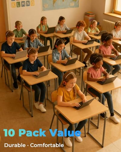 10 Pack Classroom Headphones for School Students, Bulk Headphones with 3.5mm Jack, Comfortable Soft Earpads, Adjustable Headband, 4 Ft Tangle-Free Cord for Computers, Tablets & Laptops