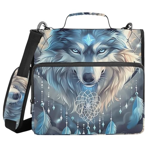3 Ring Zipper Binder with Shoulder Strap Wolf Dream Catcher Wolves 1.5 inch Binders Keeper Large Capacity Multi Pockets for School Office Supplies - color: Multi587, size: Fit 500 Sheets