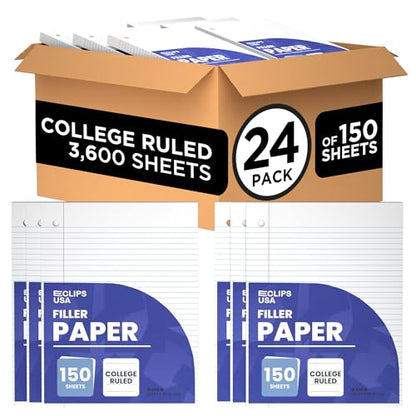 Loose Leaf Paper College Ruled Notebook Paper College Ruled Lined Writing Filler Paper 10.5” x 8” 3600 Sheets 150 Sheets Per Pack 60 gsm (24 Pack) - size: 24 Pack
