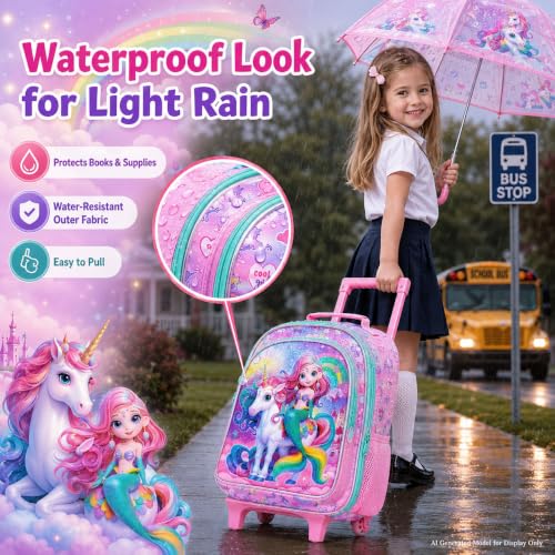 gxtvo Girls Rolling Backpack, Cute Mermaid Roller Wheels Kids Bookbag - Wheeled Elementary School Bag - 3PCS Mermaid - color: Uv Printing Mermaid Unicorn Pink Rolling Backpack