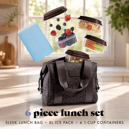 Fit & Fresh Remi Lunch Bag for Women Work – Neoprene Lunch Tote with Containers & Ice Pack, Reusable Meal Prep Lunch Box, Large Capacity, Machine Washable - color: Chocolate Feline Fine