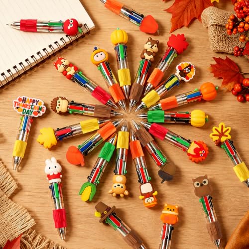 Vellibring 48Pcs Thanksgiving Fun Pens, Cute Autumn 4-in-1 Maple Leaf Pumpkin Turkey Animal Character MultiColor Pens Fall Harvest Party Favor Classroom Reward Stationery Gift - style: Thanksgiving-48pcs