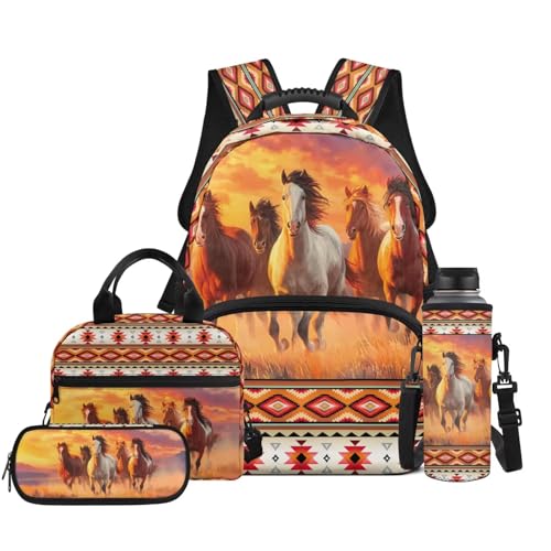 Horse 4-Piece Kids Backpack Set, 17inch School Bag with Lunch Box, Pencil Case & Water Bottle Holder for Elementary School Girls and Bys Daily School Use - color: Sunset Horse Print