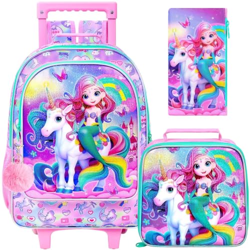 gxtvo Girls Rolling Backpack, Cute Mermaid Roller Wheels Kids Bookbag - Wheeled Elementary School Bag - 3PCS Mermaid - color: Uv Printing Mermaid Unicorn Pink Rolling Backpack