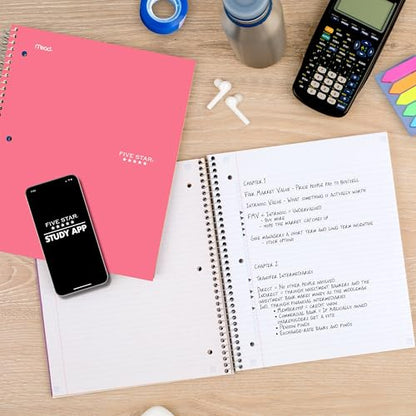 Five Star Spiral Notebook + Study App, 5 Subject, College Ruled Paper, 8-1/2" x 11", 200 Sheets, Fights Ink Bleed, Water Resistant Cover, Prom Pink (820004R) - color: Prom Pink, size: 1 Count (Pack of 1)