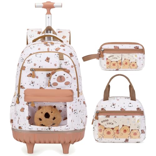 Capybara Theme Rolling Backpack with Lunch Bag & Pencil Case, Kids Rolling Backpack for Girls, Wheeled School Bookbag with Telescoping Handle for Kindergarten Elementary Middle High School - color: Beige