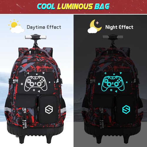 Scothen Rolling Backpack for Boys, Cool Luminous Gamer Roller School Backpacks for Boys with Lunch Bag and Pencil Pouch, Kids Backpack Bookbag with Wheels for Kindergarten Elementary Middle School - color: Red