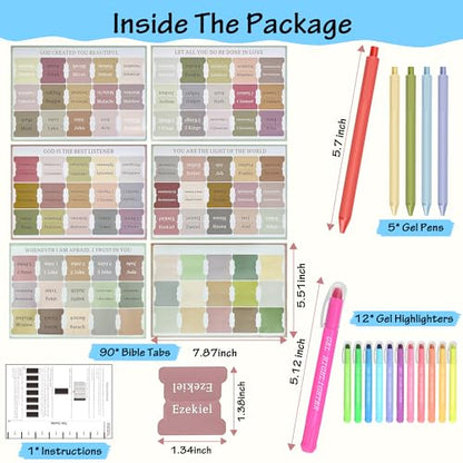 DazSpirit 12 Bright No Bleed Bible Gel Highlighters & 5 Pens with 90 Laminated Bible Tabs, Aesthetic Bible Journaling Kit School Supplies for Women & Men(73 Pre-Printed & 17 Blank Tabs) - color: Bright Gel Highlighters + Color Pens + Tabs