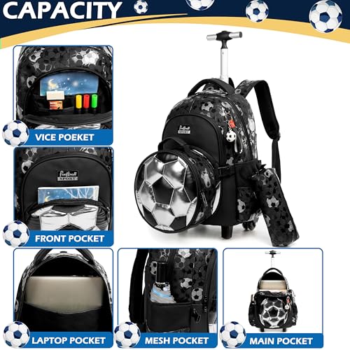 Kids Rolling Backpack for Boys Roller Backpack with Wheels Elementary Kindergarten School Students Football Trolley School Bag for Boys - color: Silver