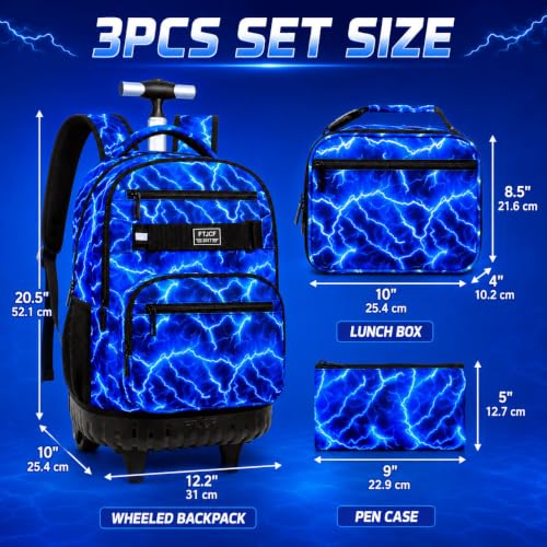 AGSDON Dynamic Lightning Men Rolling Backpack with Wheels Set – 20” Roller Bookbag for Boys with Matching Lunch Box for Travel, Commute & School | Water-Resistant Fashion Wheeled Organizer in Blue - color: Rolling Backpack Set - Lightning Blue