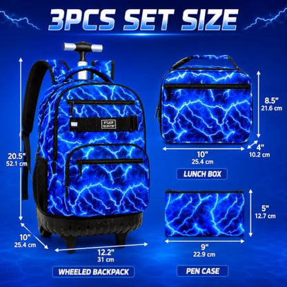 AGSDON Dynamic Lightning Men Rolling Backpack with Wheels Set – 20” Roller Bookbag for Boys with Matching Lunch Box for Travel, Commute & School | Water-Resistant Fashion Wheeled Organizer in Blue - color: Rolling Backpack Set - Lightning Blue