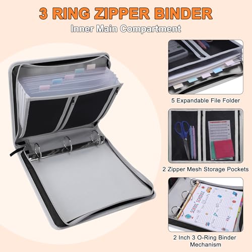 Ndsox Zipper Binder 3 Ring with Handle, 2 Inch O-Ring Document Organizer Middle School Binder with Zipper for Students, 5-Tab Expanding File Folder & 2 Mesh Pouches, DIY Clear Front Pocket, Black - color: Black