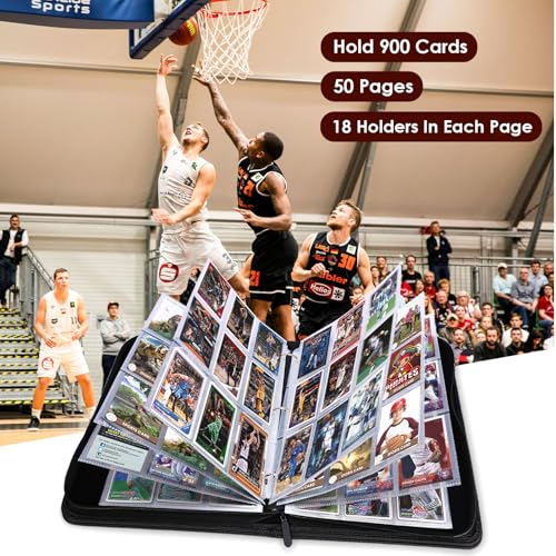 Trading Card Binder Album, PU Leather Baseball Card Binder with 900 Side Loading Pockets, Double Sided Pocket Zipper Card Binder for MTG, TCG, Game Cards, Sports Cards (Basketball) - color: Basketball