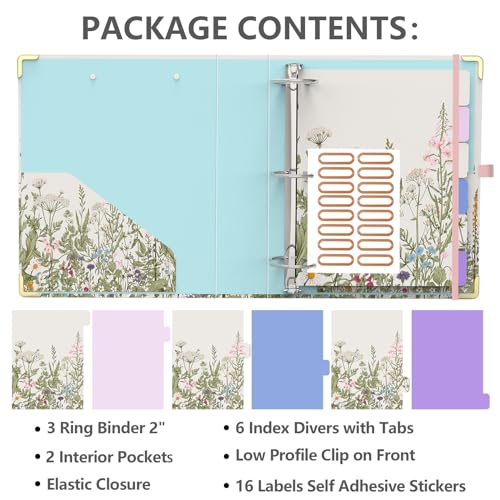 3 Ring Binder 2 Inch, Cute Round Ring Binders with 6 Tab Dividers, Labels Stickers, Low Profile Clipboard with Storage, Fashion Binder School Office Supplies(Garden Flowers) - color: Garden Flowers