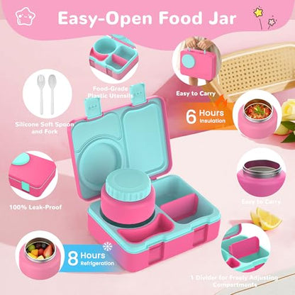 Bento Box for Kids, Leakproof Kids Bento Lunch Box Container with 8oz Insulated Thermo Food Jar, Sauce Jar, Utensil, DIY Stickers for School Boys Girls, 3-4 Compartments, BPA-Free - color: Rose Pink