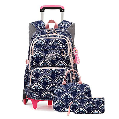 3Pcs Girls Rolling Backpack Kids Bookbag with Wheels Set Elementary Students Outdoors Trolley Schoolbag - color: Black/Blue 6 Wheels-b