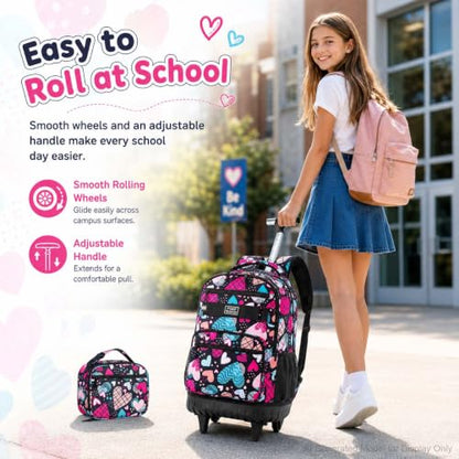 gxtvo Rolling Backpack for Girls, Adults Wheeled Bookbag with Lunch Box for Women, Kids Water Resistant Roller School Bag for College Teens Travel - Love Heart - color: Love Heart
