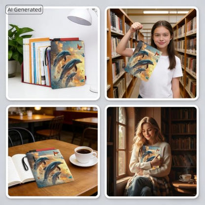 Padded Book Sleeve with Zipper & Front Pocket, Fabric Book Cover | Sunset Ocean Dolphins Sea11.4"x8.7" Washable Canvas Pouch for Hardcovers, Tablets & Reading Accessories - color: Sunset Ocean Dolphins Sea