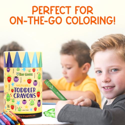 TinyGeeks Jumbo Crayons (16 Colors) – Non-Toxic, Washable, Easy-to-Hold Art Supplies for Toddlers and Kids – Perfect for Travel, Learning, and Creative Play
