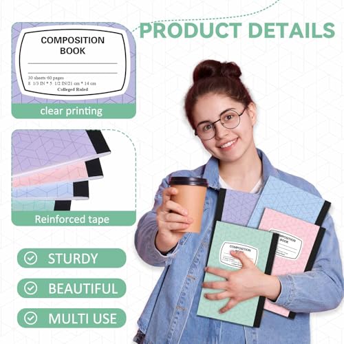 Gersoniel 4 Pack Left Handed College Ruled Notebooks, Pastel Color Composition Notebooks 8.3" x 5.8", Aesthetic Writing Notebook for School Students, Smooth Paper Journaling Set - color: Light Colors