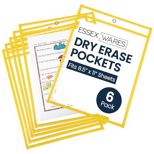 Essex Wares - 6 Pack, Yellow, Dry Erase Pocket Document Protectors, 10" Wide x 13.5" Tall - Dry Erase Clear Plastic Sleeves - Reusable & Easy Erase Plastic Invoice Holders, Water-Resistant & Durable - color: Yellow