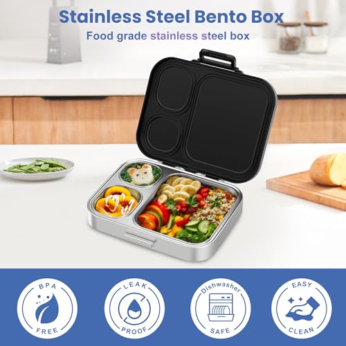 Pawtong Stainless Steel Bento Lunch Box for Kids | 3-Compartment Lunch Box Container Kids | 100% Leakproof, Eco-Friendly, Perfect Portion Control for Kids&Adult Healthy Meals (Black) - color: Black