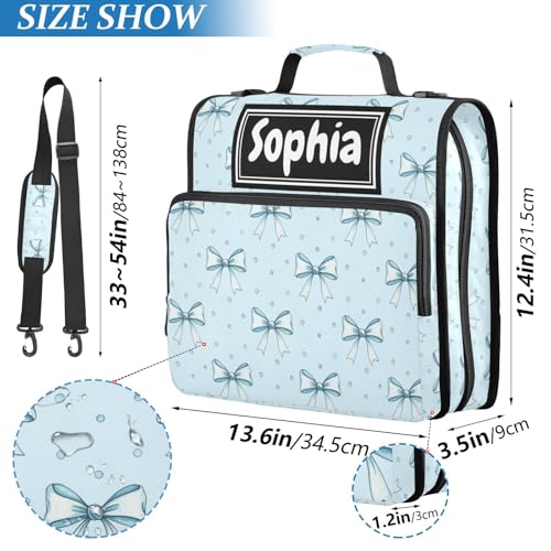 Blue Bow Dots Print Custom Zipper Binder Bag 3 Ring with Shoulder Strap & Handle Personalized Binder Bag Expandable File Folder for School - color: Multi-bow Blue Dots