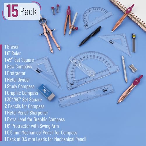 Mr. Pen- Geometry Set, 15 pcs, Rose Gold & Pink | 6 Inch Swing Arm Protractor, Divider, Set Squares, Ruler, Compasses and Protractor - color: Rose Gold & Pink