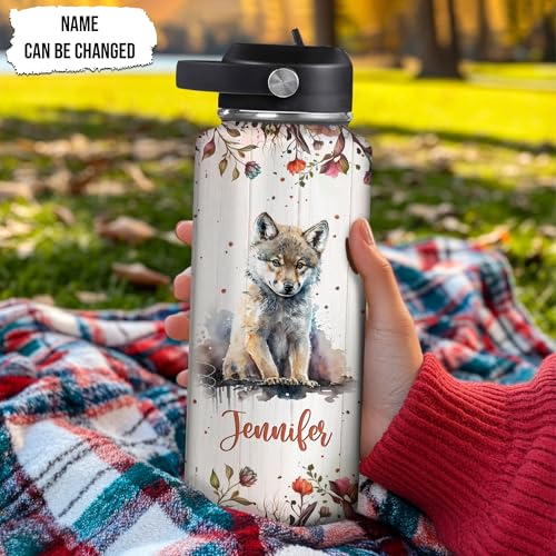 Hyturtle Personalized Wolf Water Bottle - Travel Insulated Stainless Steel Bottle with Leak-Proof Lid 18oz 32oz - Animal Lover Gift with Floral Wolf Design for Women Girls Wolves Lovers, Birthday Gift - color: Wolf