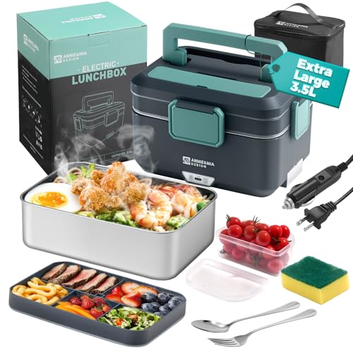 Annie & Mia Design Electric Lunch Box for Adults, 100w 3.5L 2-Layer Portable Food Warmer, Dual Mode 2.5L + 1L Heated Lunch Box for Adults, Home/Car/Office/Truck Use, Lonchera Eléctrica Portátil - color: Forest Slate