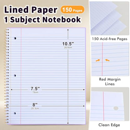 Spiral Notebook College Ruled Paper 8" x 10-1/2", 1 Subject Spiral Notebook 80GSM Paper, 3-Hole Punched Perforated Pages Ideal for School, Office, Writing, 75 Sheets Lined Journaling Notebook, Purple - color: Purple