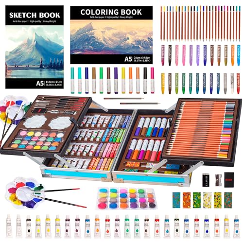 KINSPORY Deluxe Art Supplies Kit for Kids, Boys, Girls, Teens, Ages 5-12, with Sketch Pad, Watercolors, Crayons, Pencils, Markers, Oil Pastels, Palettes, Brushes, Erasers - Blue | Art Supplies Case with 1 Sketchbook & 1 Coloring Book, Art Box for Beginner
