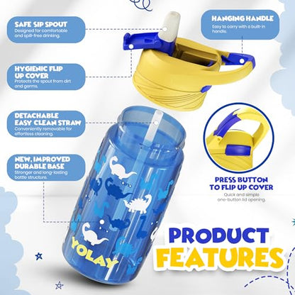 YOLAY 15oz Kids Water Bottle For School Boys and Girls, Durable Toddler Water Bottle with Straw Lid Leak-Proof, Spill Proof, Easy Clean and Dishwasher Safe with Re-Usable and BPA Free - Dino - color: Dino