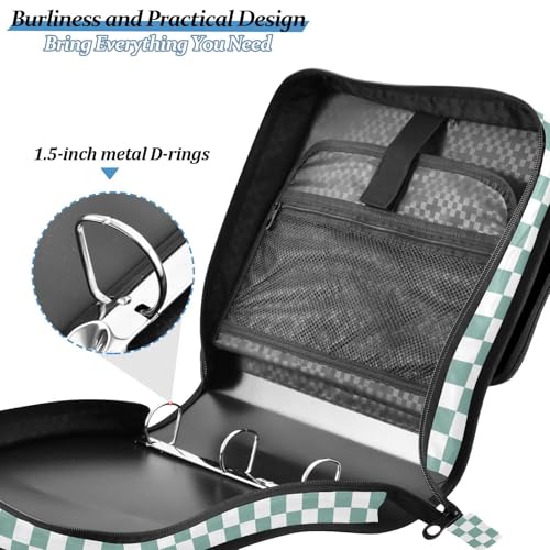 Green Teal White Checkered Binder Bag 3 Ring Zipper Binders with Shoulder Strap for School Office Organizer Storage - color: Q016