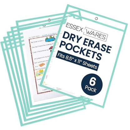 Essex Wares - 6 Pack, Seafoam, Durable Water-Resistant Dry Erase Pocket Document Protectors, 10" Wide x 13.5" Tall - Dry Erase Clear Plastic Sleeves - Reusable & Easy Erase Plastic Invoice Holders - color: Seafoam