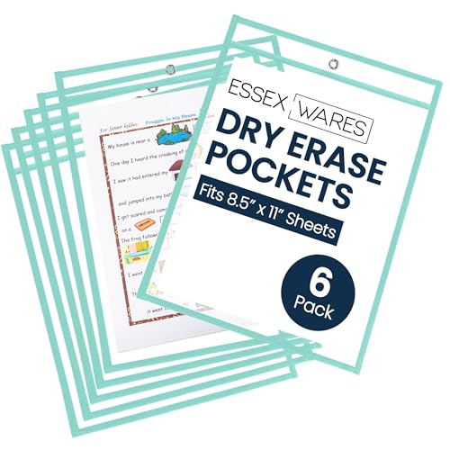 Essex Wares - 6 Pack, Seafoam, Durable Water-Resistant Dry Erase Pocket Document Protectors, 10" Wide x 13.5" Tall - Dry Erase Clear Plastic Sleeves - Reusable & Easy Erase Plastic Invoice Holders - color: Seafoam