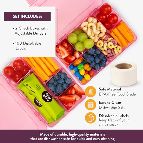 Snack Box Containers Set of 2-Reusable,100 Dissolvable Labels, 8 Adjustable Compartments, Dishwasher Safe, BPA-Free, Meal Prep Container, PARENT TESTED PARENT APPROVED AWARD (2 Pack) (Pink) - color: Pink, size: Small