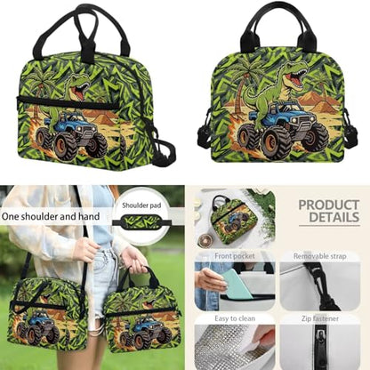 17 Inch Kid's 4PCS Backpack Set, Back to School Essentials | Insulated lunch box, water bottle pouch, pencil case, lightweight, padded shoulder straps, for elementary, middle school - color: Green Dinosaur