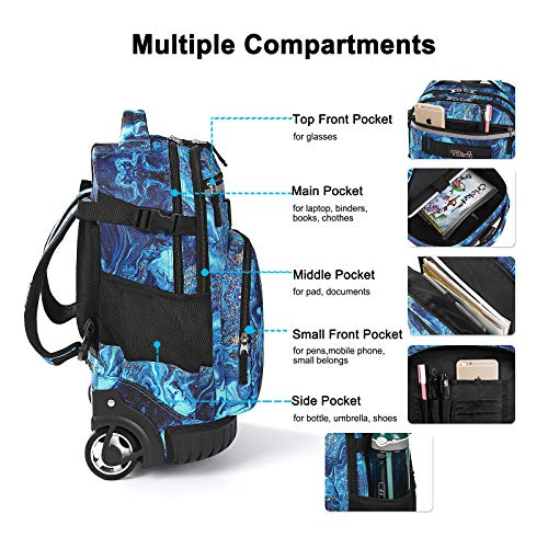 Tilami Rolling Backpack 18 inch Wheeled Laptop Backpack School College Student Travel Trip Boys and Girls (Blue Wave) - color: Blue Wave