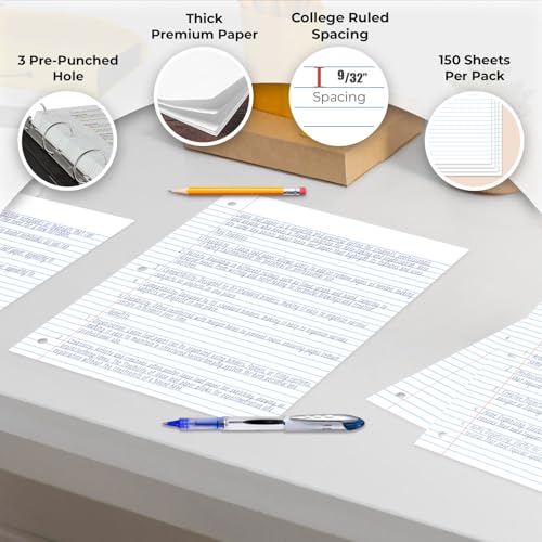 Rosmonde Loose Leaf Paper Bulk, 3600 Sheets, 24 Pack, College Ruled, 8 x 10.5", 150 Sheets/Pack, 3 Hole Punch, Bulk Notebook Paper, Filler Sheets, Fits Standard Binders, Fights Ink Bleed, White - color: College Ruled, size: 24 Pack (3600 Sheets)
