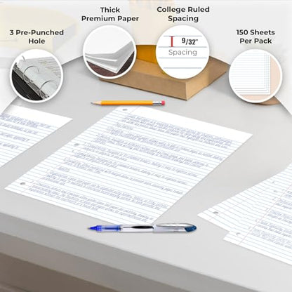 Rosmonde Loose Leaf Paper, 900 Sheets, 6 Pack, College Ruled, 8" x 10.5", Bulk Office Filler Paper, 3 Hole Punched, 150 Sheets/Pack, College Ruled Paper for 3 Ring Binder, Notebook Paper, White - size: 6 Pack