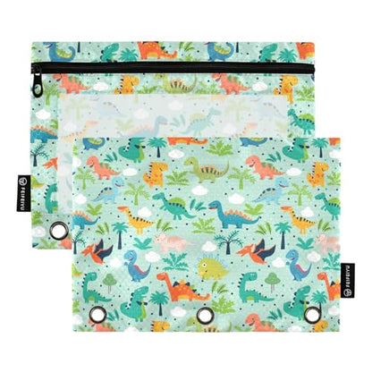 Funny Dinosaurs Pencil Pouches for 3 Ring Binder, Zipper Binder Pencil Case, 2 Pack Clear Window Case Bag for Office Organizers - color: Funny Dinosaurs