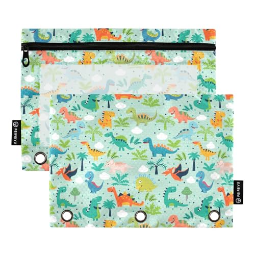 Funny Dinosaurs Pencil Pouches for 3 Ring Binder, Zipper Binder Pencil Case, 2 Pack Clear Window Case Bag for Office Organizers - color: Funny Dinosaurs