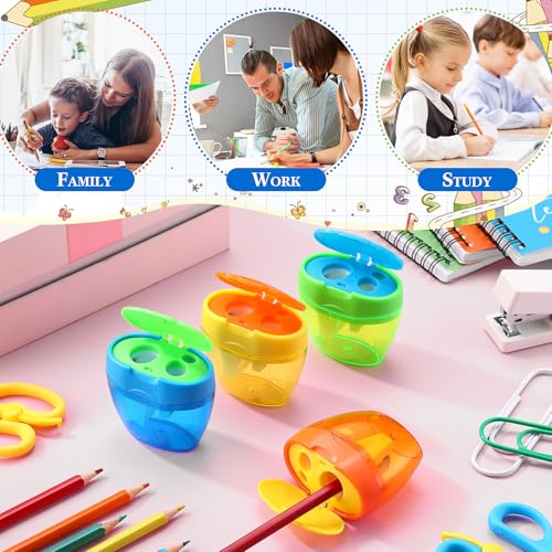 Tenceur 4 Pcs Pencil Sharpeners 3 Hole Jumbo Crayon Sharpeners Handheld Manual Portable Plastic Pencil Sharpener with Lid for Back to School Classroom Office Supplies Class