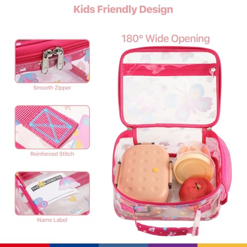 Bagseri Clear Kids Lunch Bag - School Snack Bag with Bottle Holder | Side Pocket, Buckle Handle, Wide Opening, PEVA Lining, School Kids Lunch Box, Clear Toy Bags, Pink Butterfly - color: B-rose pink butterfly