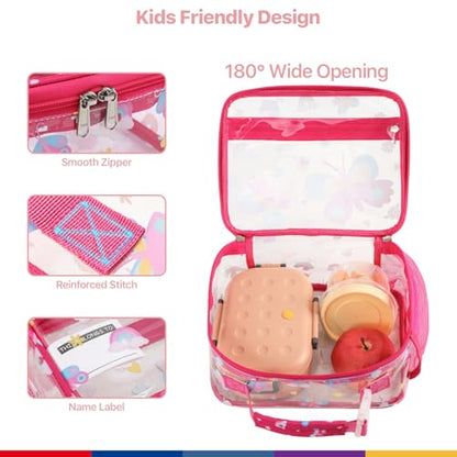 Bagseri Clear Kids Lunch Bag - School Snack Bag with Bottle Holder | Side Pocket, Buckle Handle, Wide Opening, PEVA Lining, School Kids Lunch Box, Clear Toy Bags, Pink Butterfly - color: B-rose pink butterfly