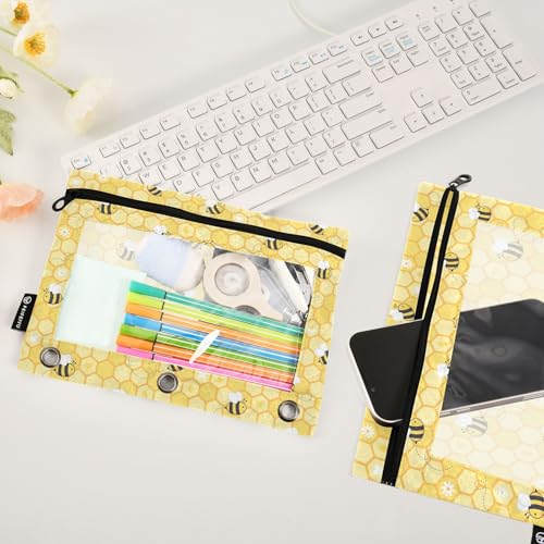 Bees Honeycomb Yellow Pencil Pouch for 3 Ring Binder 2 Pcs Binder Pouches with Zipper Pocket Pencil Case Bag with Clear Window for Office Work School Supplies - color: Bees Honeycomb Yellow