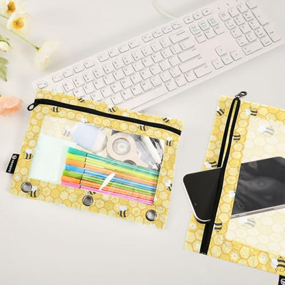Bees Honeycomb Yellow Pencil Pouch for 3 Ring Binder 2 Pcs Binder Pouches with Zipper Pocket Pencil Case Bag with Clear Window for Office Work School Supplies - color: Bees Honeycomb Yellow