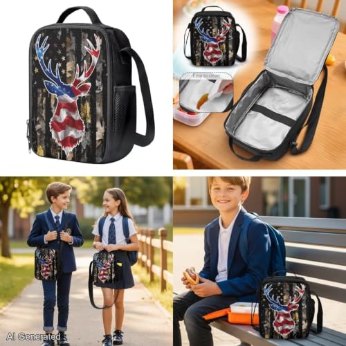 Deer American Flag Boys Camo Backpack with Lunch Box and Pencil Case Water Bottle Pouch 4PCS Set Bookbag with Front Pocket for School Teens 17 inch School Bag for Back to School Season - color: Deer American Flag Camo